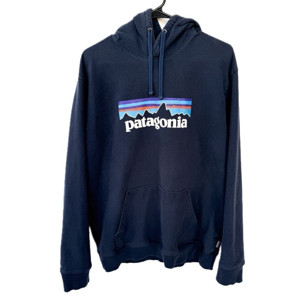 Patagonia Men’s P-6 Logo Navy Blue Long Sleeve Hooded Sweatshirt Hoodie Large